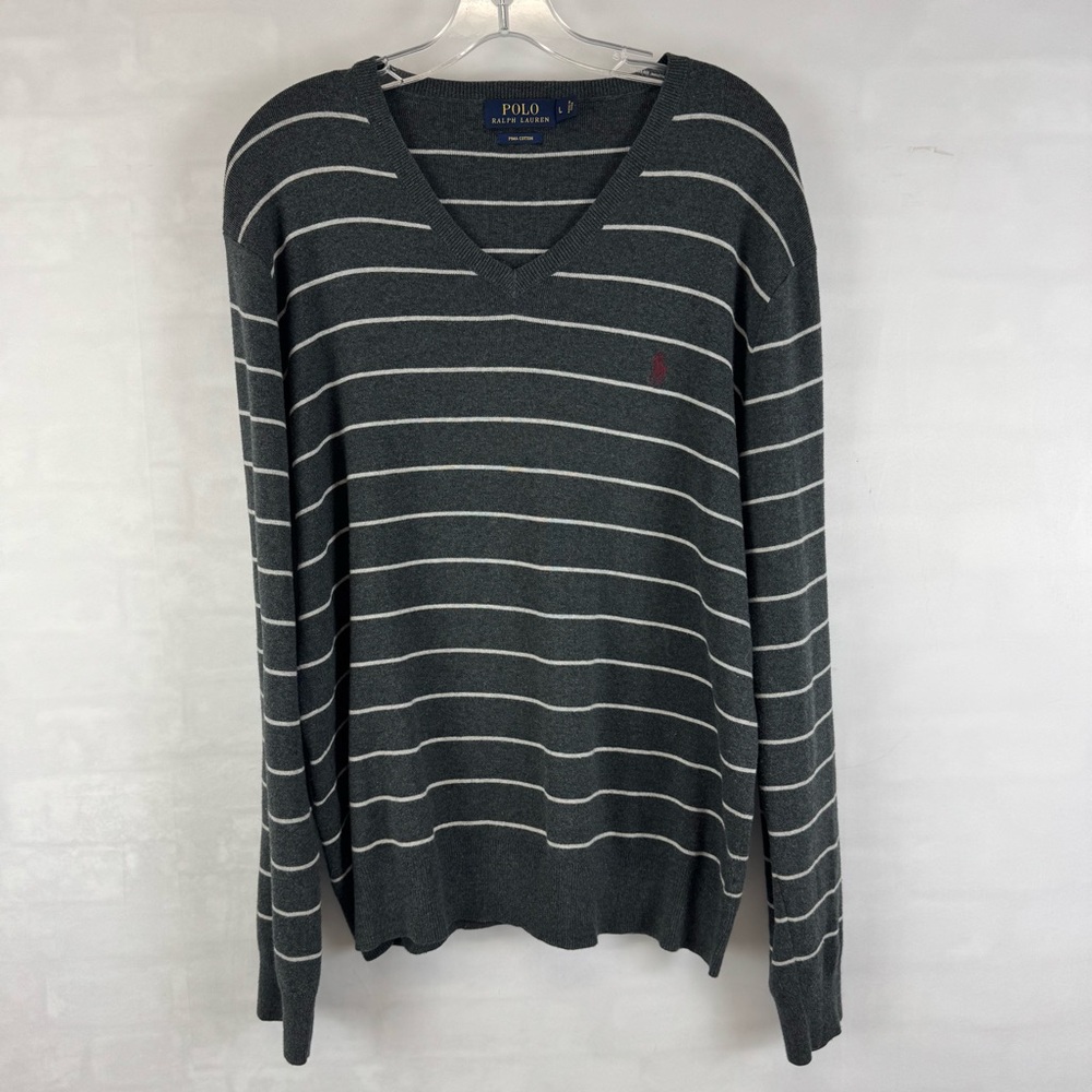 Polo‎ Ralph Lauren Pima Cotton Striped V-Neck Sweater Gray Men’s Large